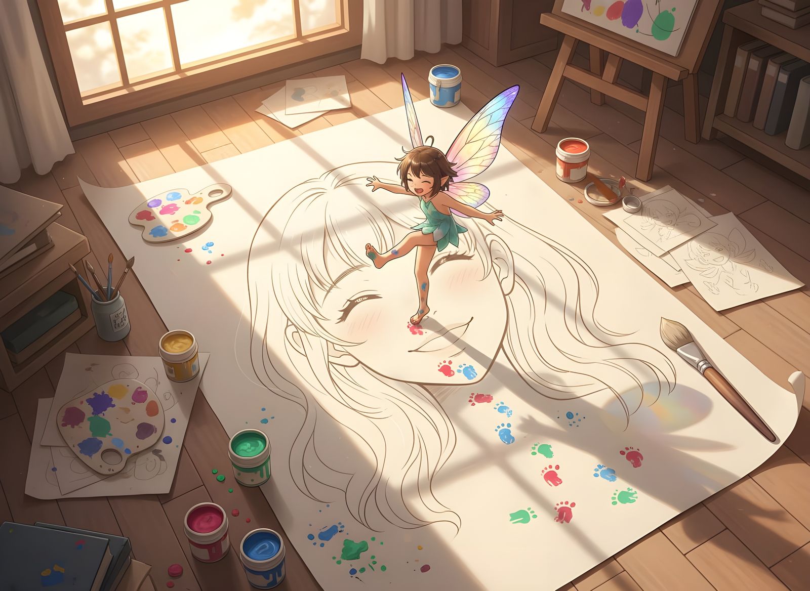 Fairy Artist Paints Portrait with Her Feet on Paper