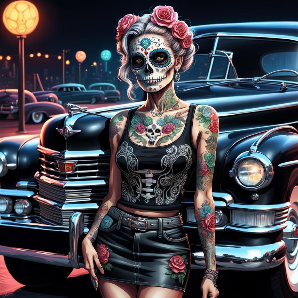 Sugar Skull Woman with Cadillac Lowrider in Dark Fantasy Sty...