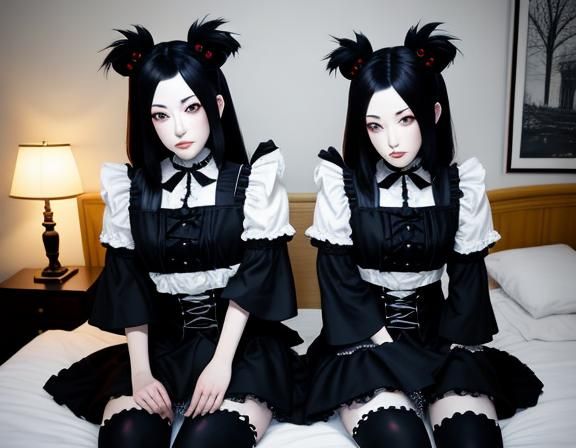 Gothic Twin Kitsunes Kissing in Bedroom