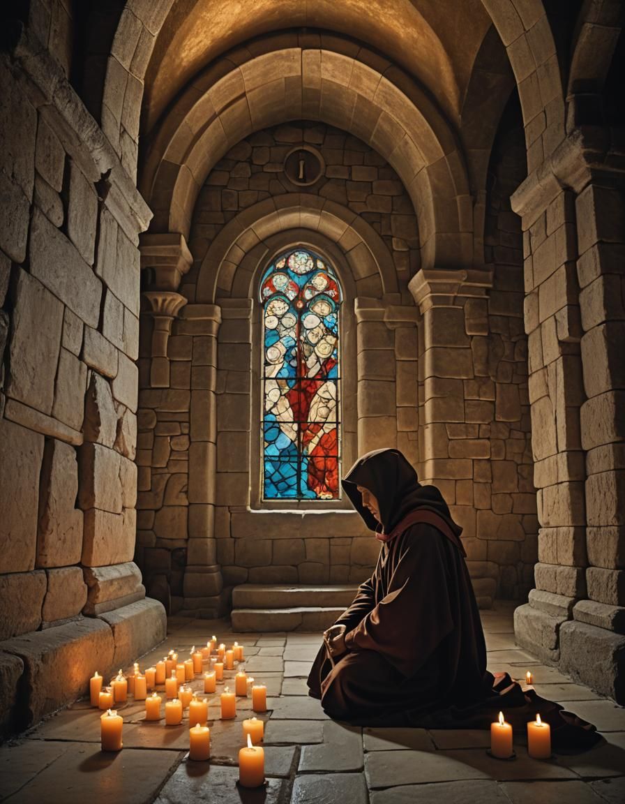 Monk Kneeling in Chapel, Surrealist Style