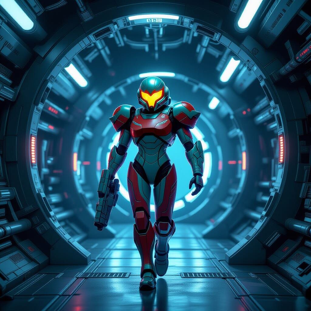 Samus Aran Explores Futuristic Spaceship in Retro Sci-Fi Sty...