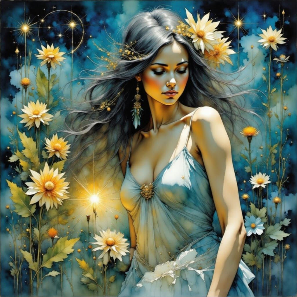 Celestial Goddess in Floral Garden: Watercolor Impasto