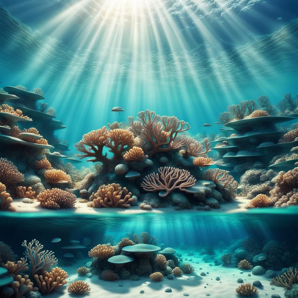 Coral reef under a turquoise ocean with beams of sunlight sh...