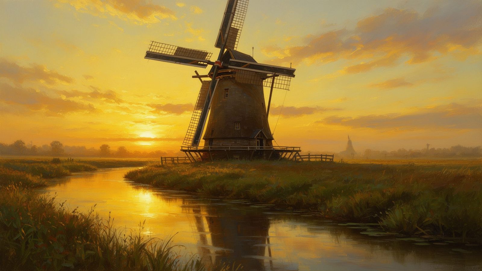 Majestic Windmill at Golden Sunset, Oil Painting