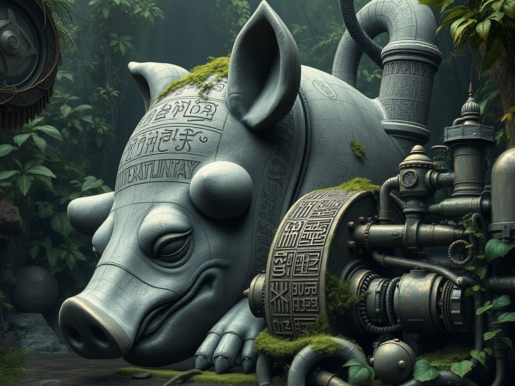 Steampunk Pig God Statue in Jungle, Syd Mead Style