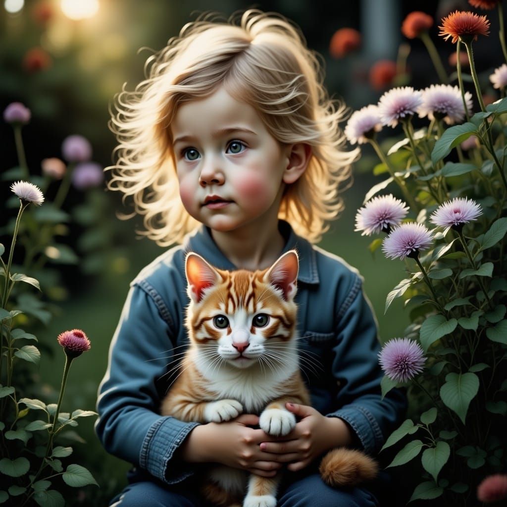 Toddler and Cat Portrait in Garden, Ambient Light