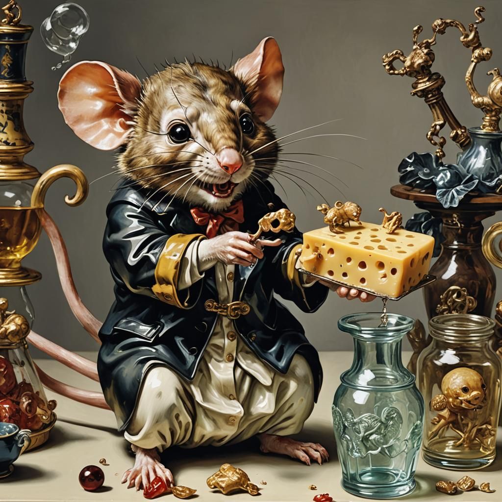 Mouse Stealing Cheese: Enameled Glass Figurine