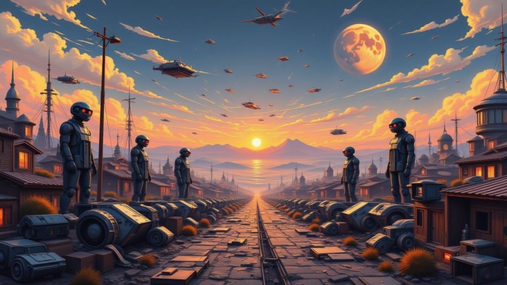 Alien City Panorama: Giants' Ruins, Two Moons, Flying Object...