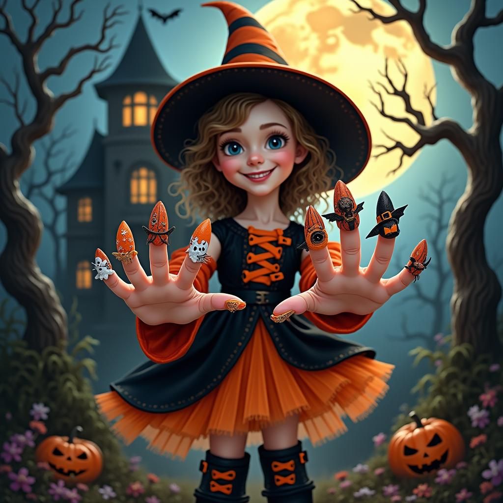 Girl in Halloween Costume with Spooky Nails