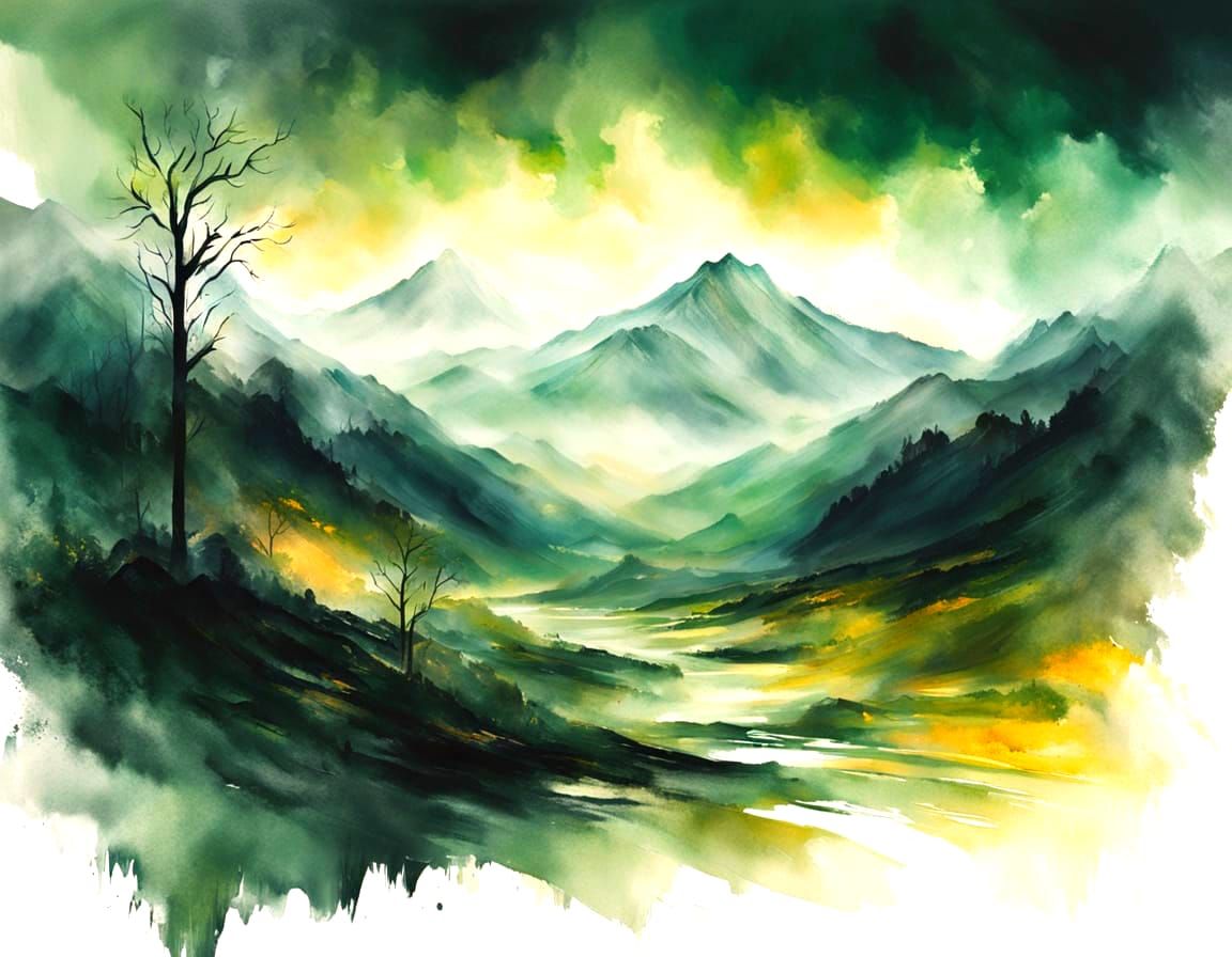 Green Gouache Landscape Art