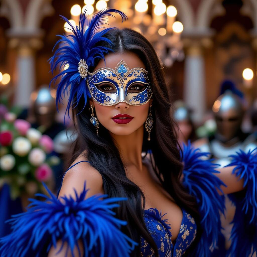 Venetian Ball Dancer with Mask and Feather Dress