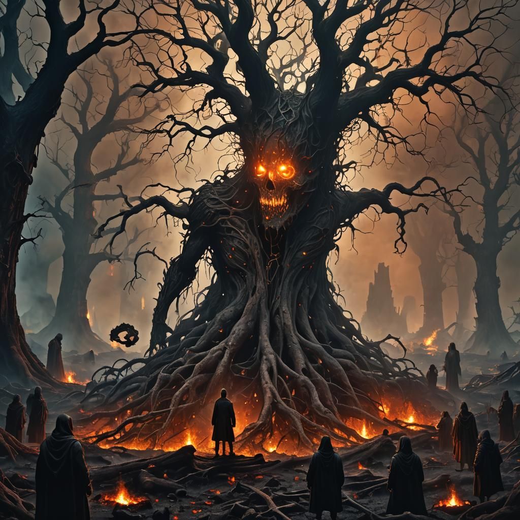 Ethereal Lost Souls in Burning Underworld Landscape