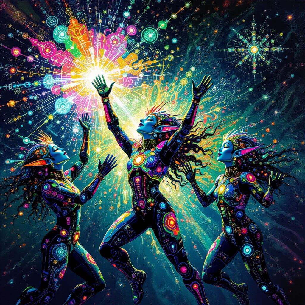 Bioluminescent Machine Elves Celebrate in Psychedelic Light