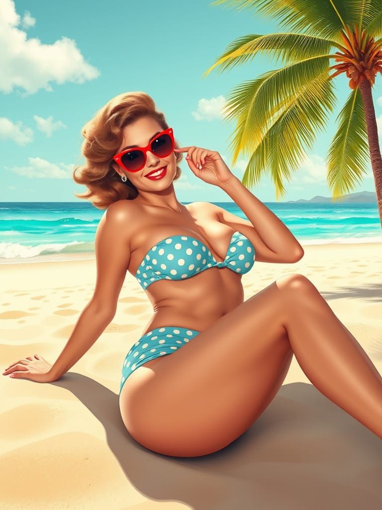 Vintage Bikini Model on Beach in Pin-Up Style