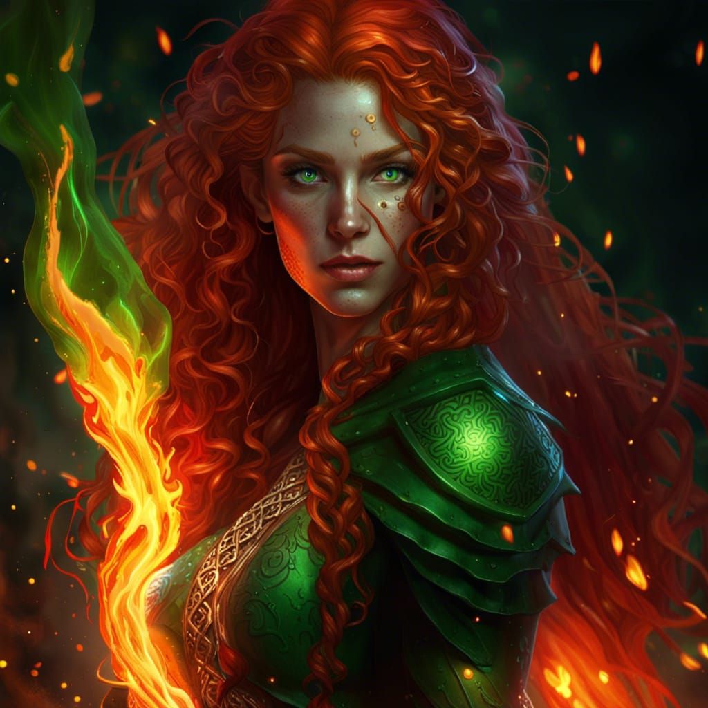 Fiery Elf Enchantress in Dark Fantasy Style