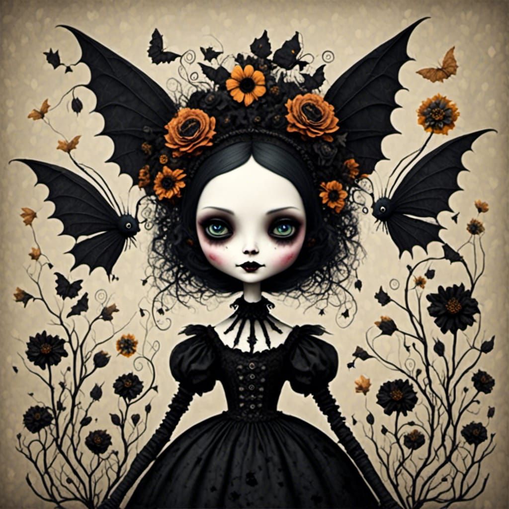 Surreal Gothic Halloween Doll with Bat Flower Accents