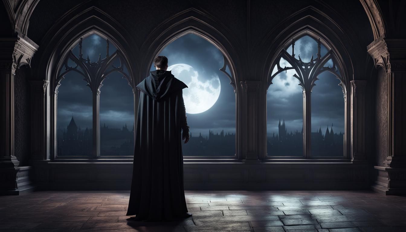 Classic Vampire in Gothic Castle at Night