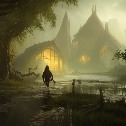 Anthropomorphic Toad in Dark Fantasy Swamp Village