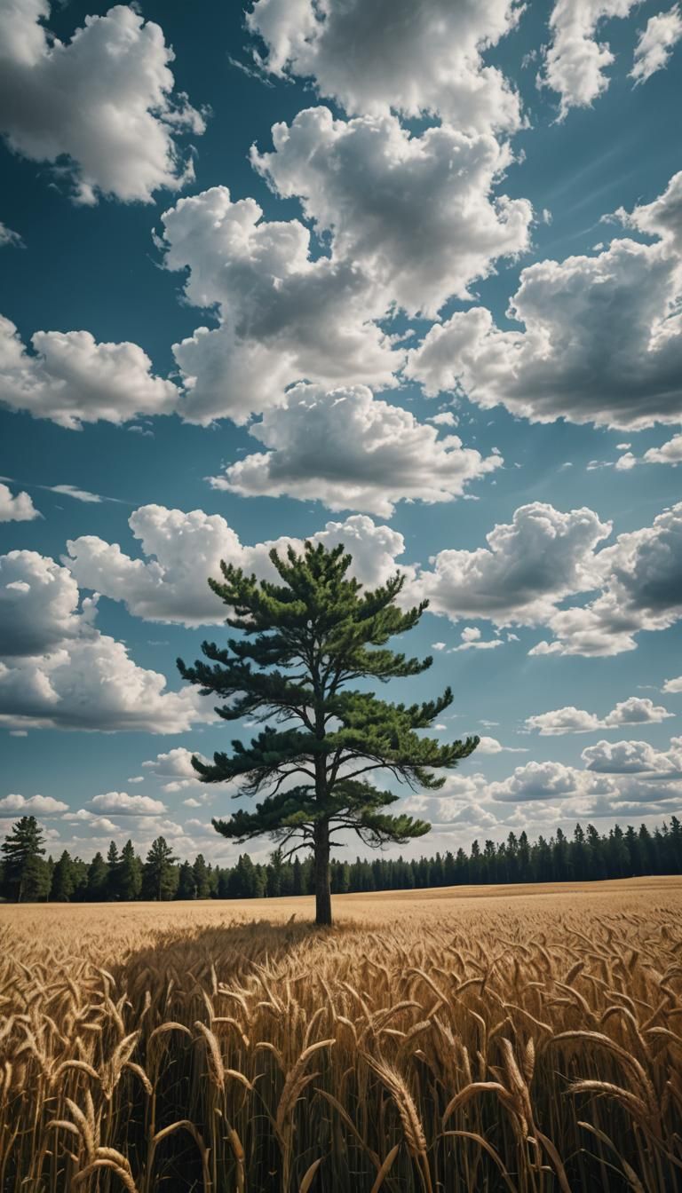 wheat field, pine tree