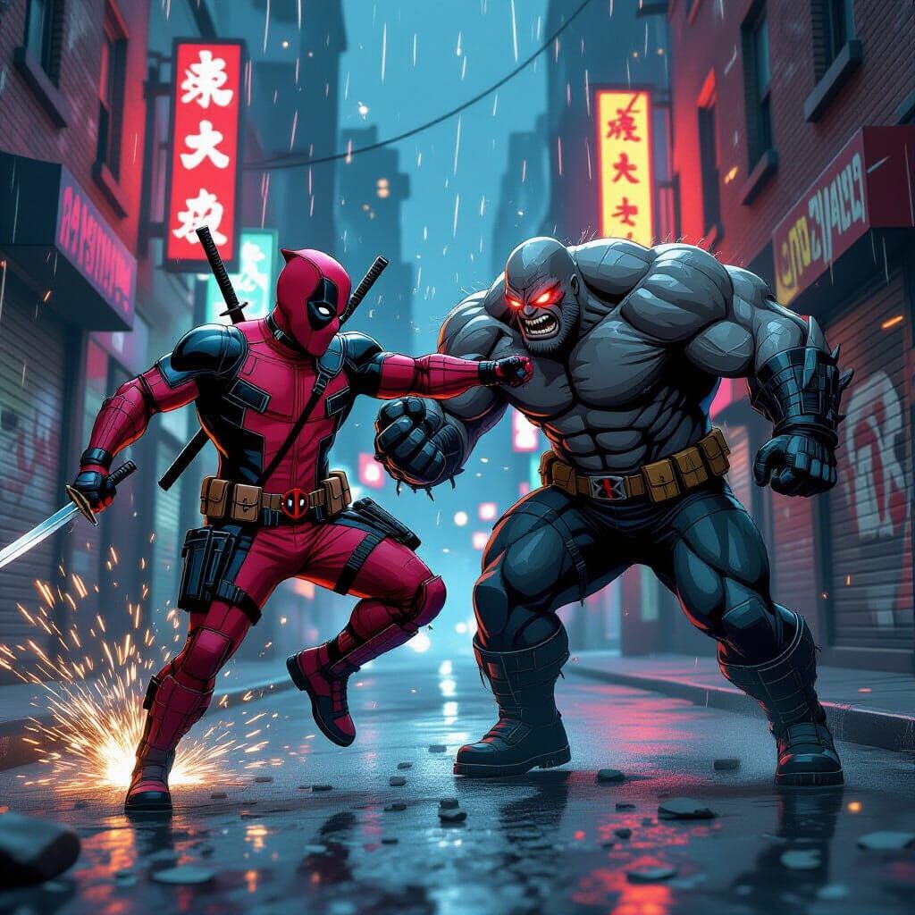 Deadpool in Epic Battle in Neon Alley