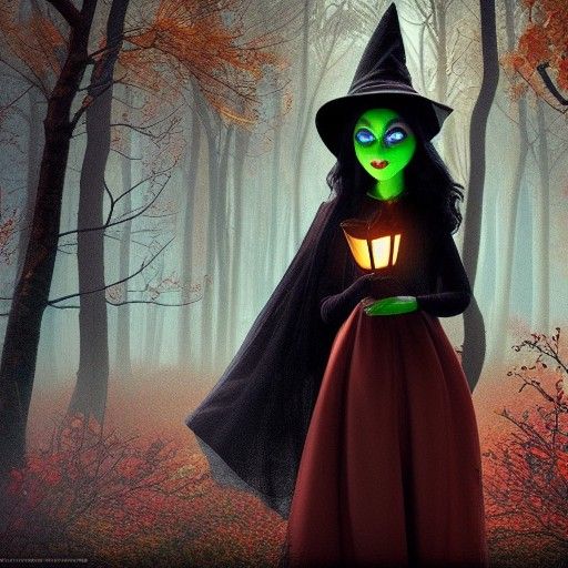 Beautiful Witch in Autumn Woods, Pixar Style