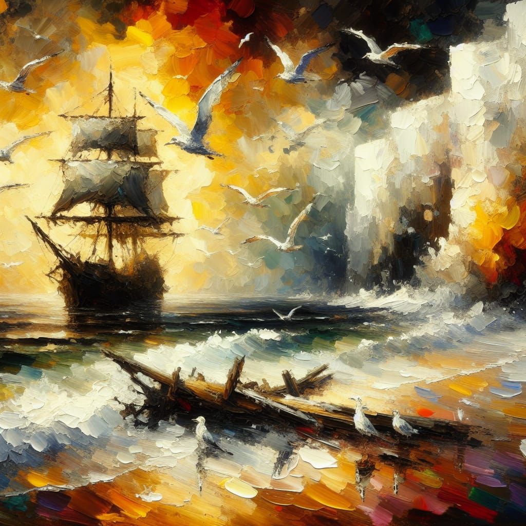 Caravel Shipwreck in a Textured Impasto Painting