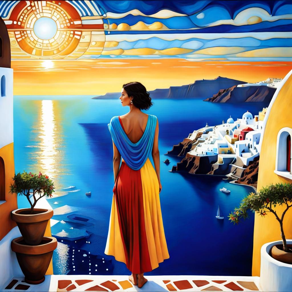 Woman Gazing at Santorini Sea: Abstract Hundertwasser Art