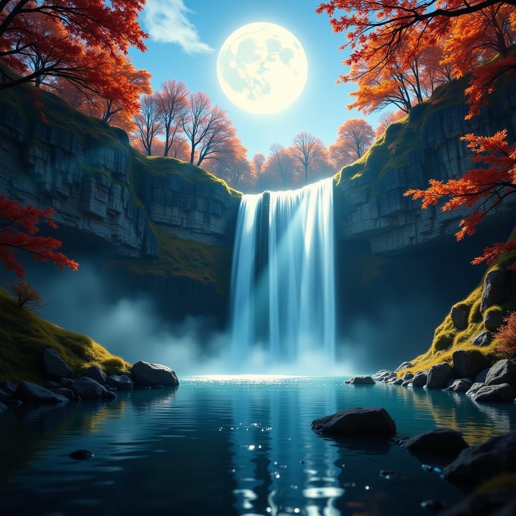 Moonlit Waterfall in Autumn Forest