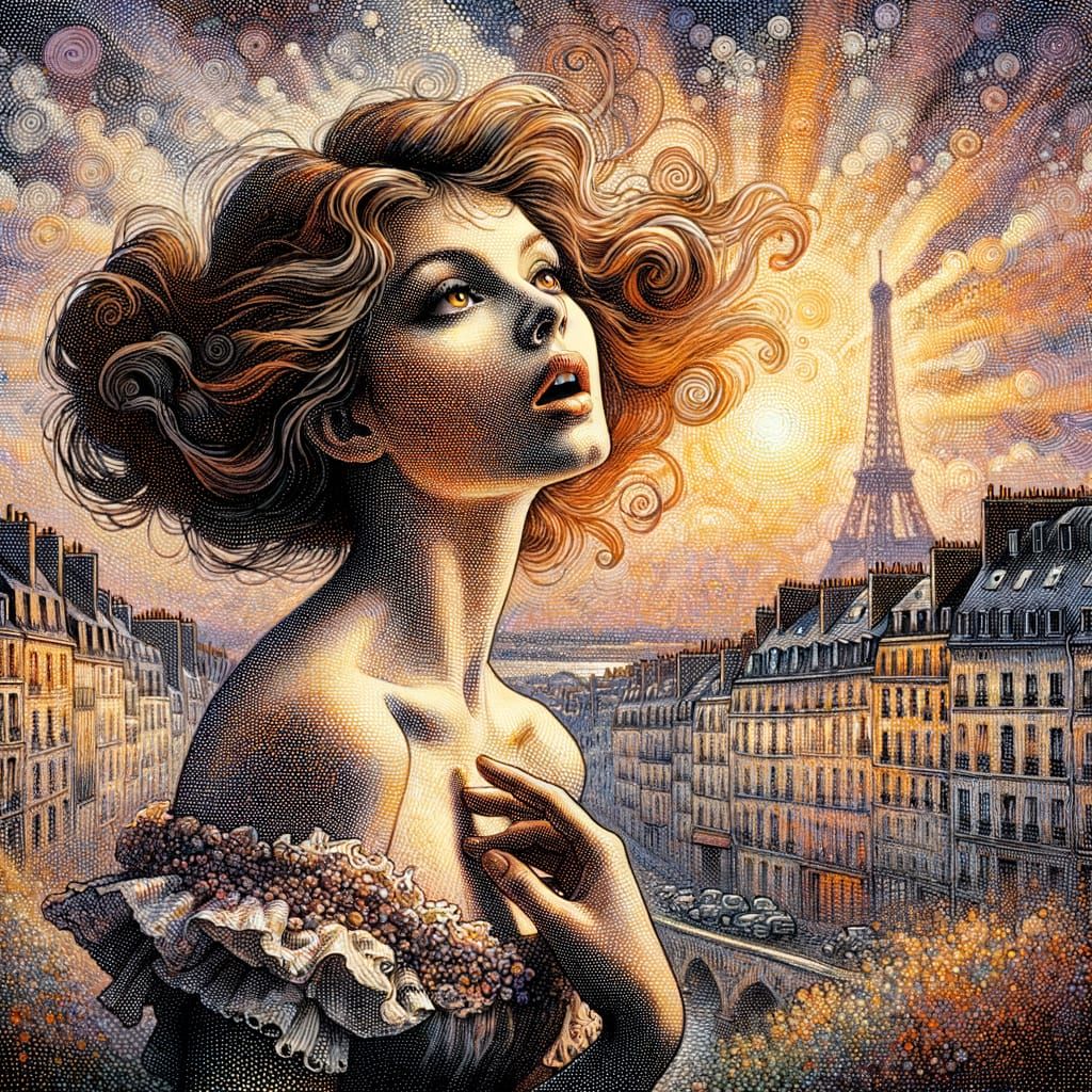 Dreamy Parisian Dancer in Stippled Watercolors