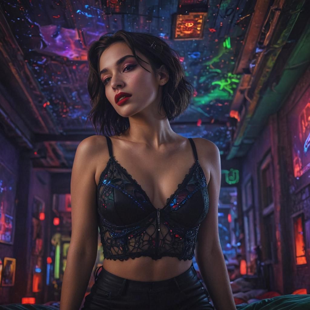 Latin Girl Portrait in Night City Bedroom