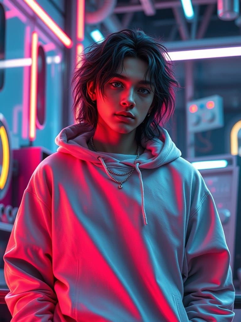 Digital Artist in Futuristic Studio with Neon Lighting
