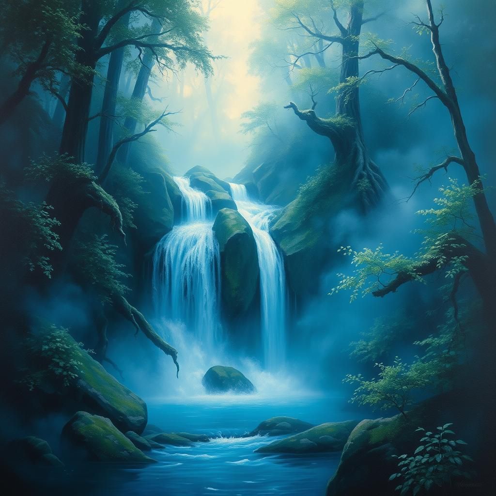 Blue Waterfall in Mystical Forest, Impressionist Style