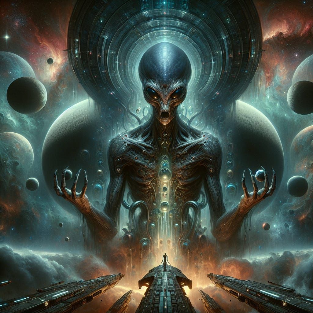 Colossal Spaceship with Alien: Art Nouveau Style