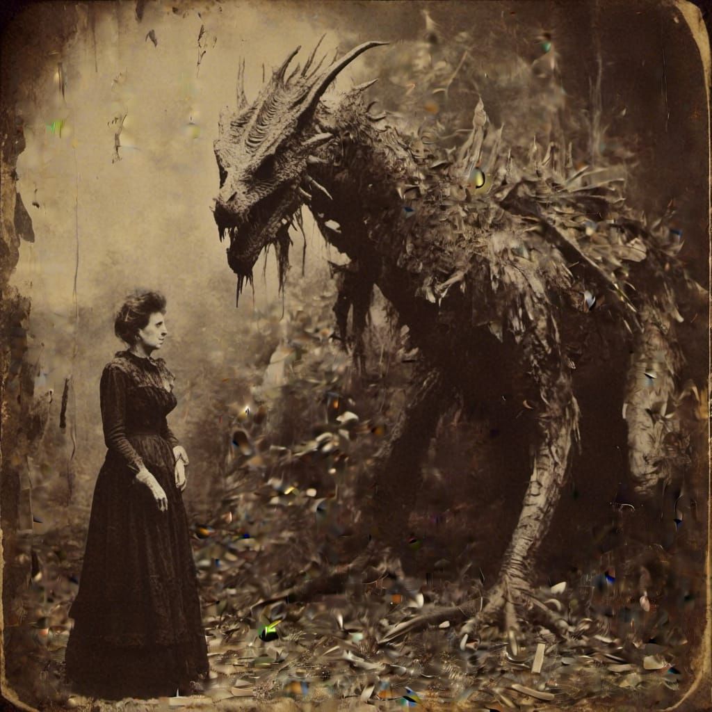 Old Woman and Dragon in Vintage Photography Style
