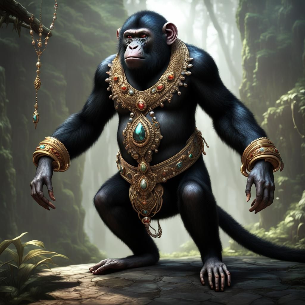 Monkey-Gorilla Hybrid with Jeweled Tail: Dark Fantasy Art