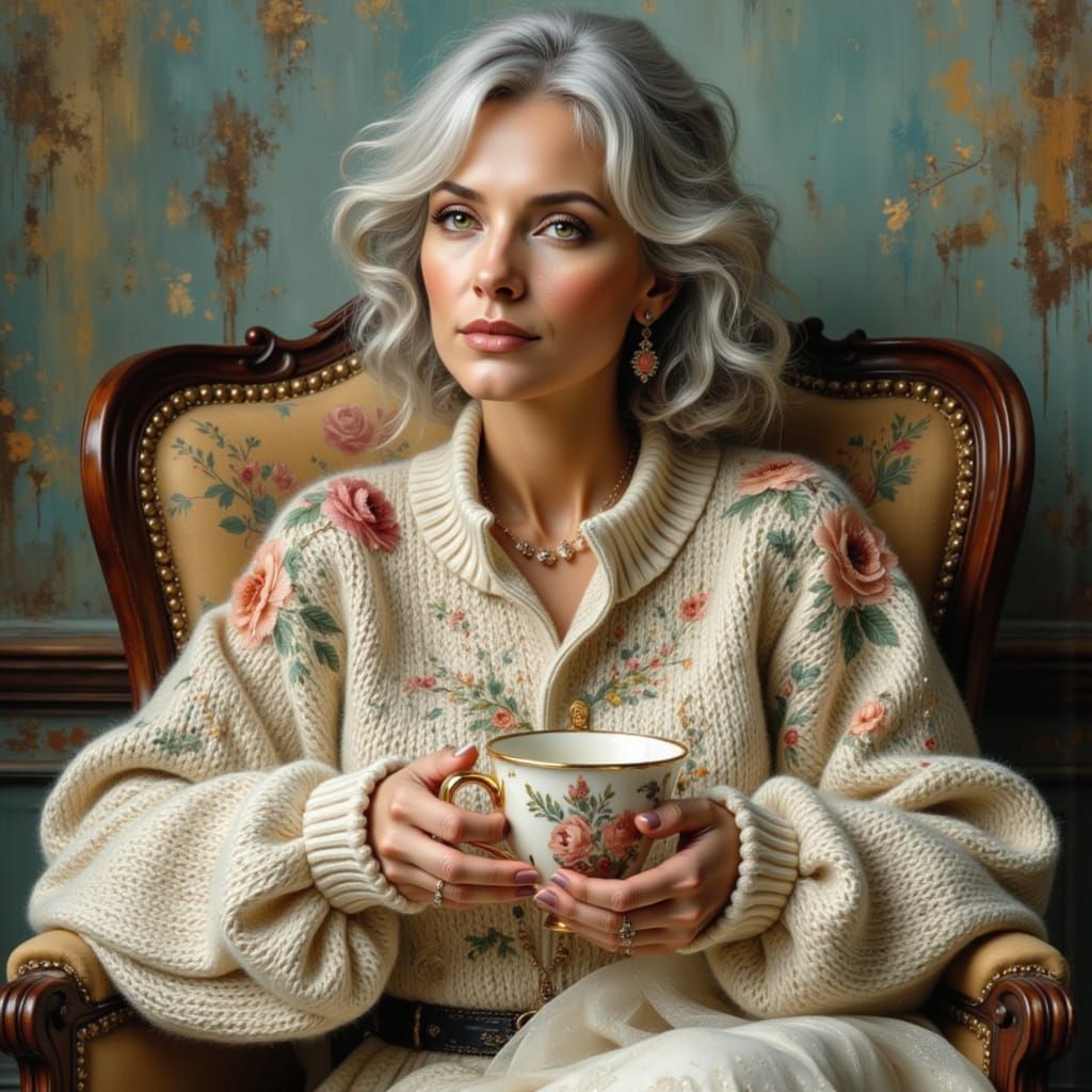 Mature Woman in Cozy Knit Sweater Holding Teacup