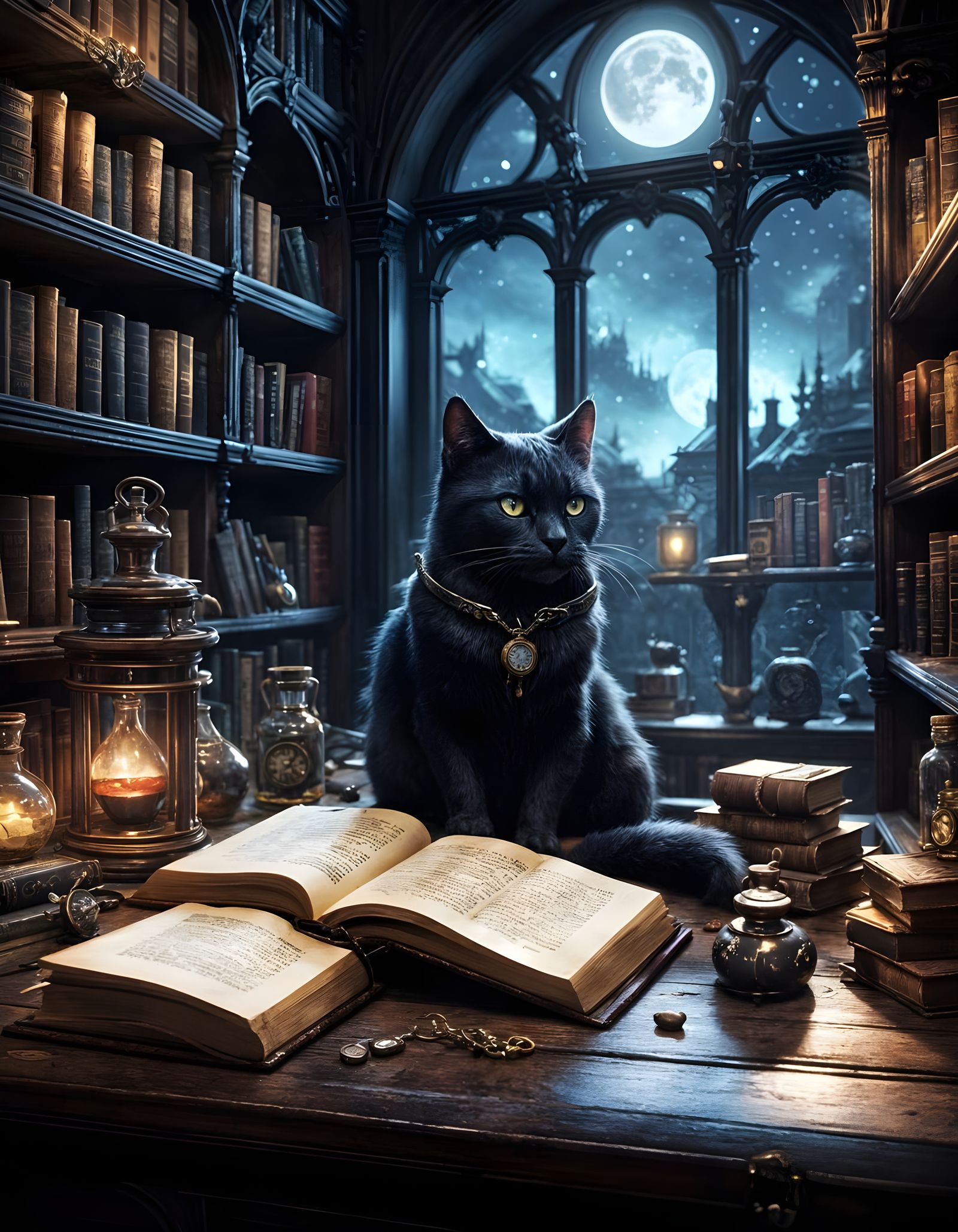 Fantastical Study of a Wizard's Library in a Whimsical Night...