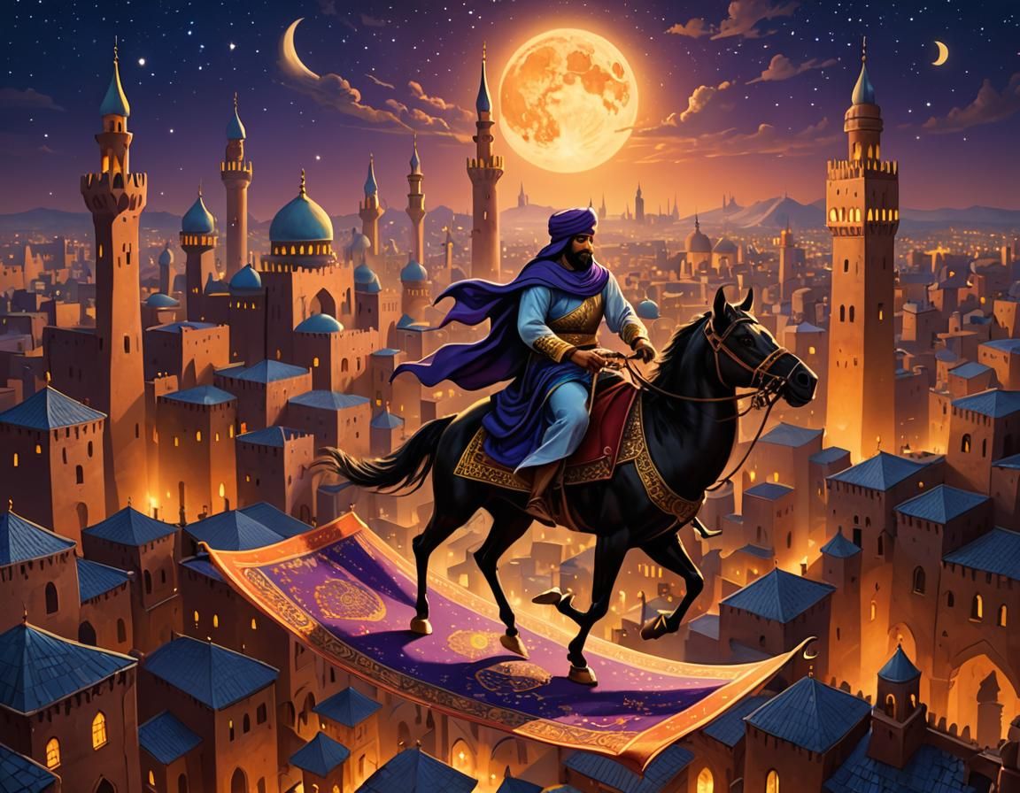 Arabian nights hero riding on a magic carpet past towers of ...