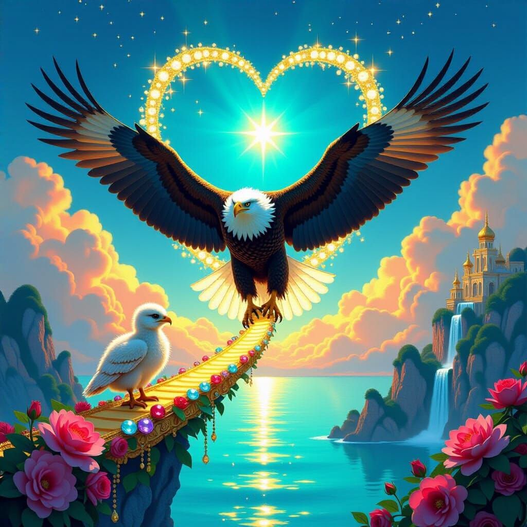 Majestic Eagle Soars Over Jewel Ocean on Golden Path