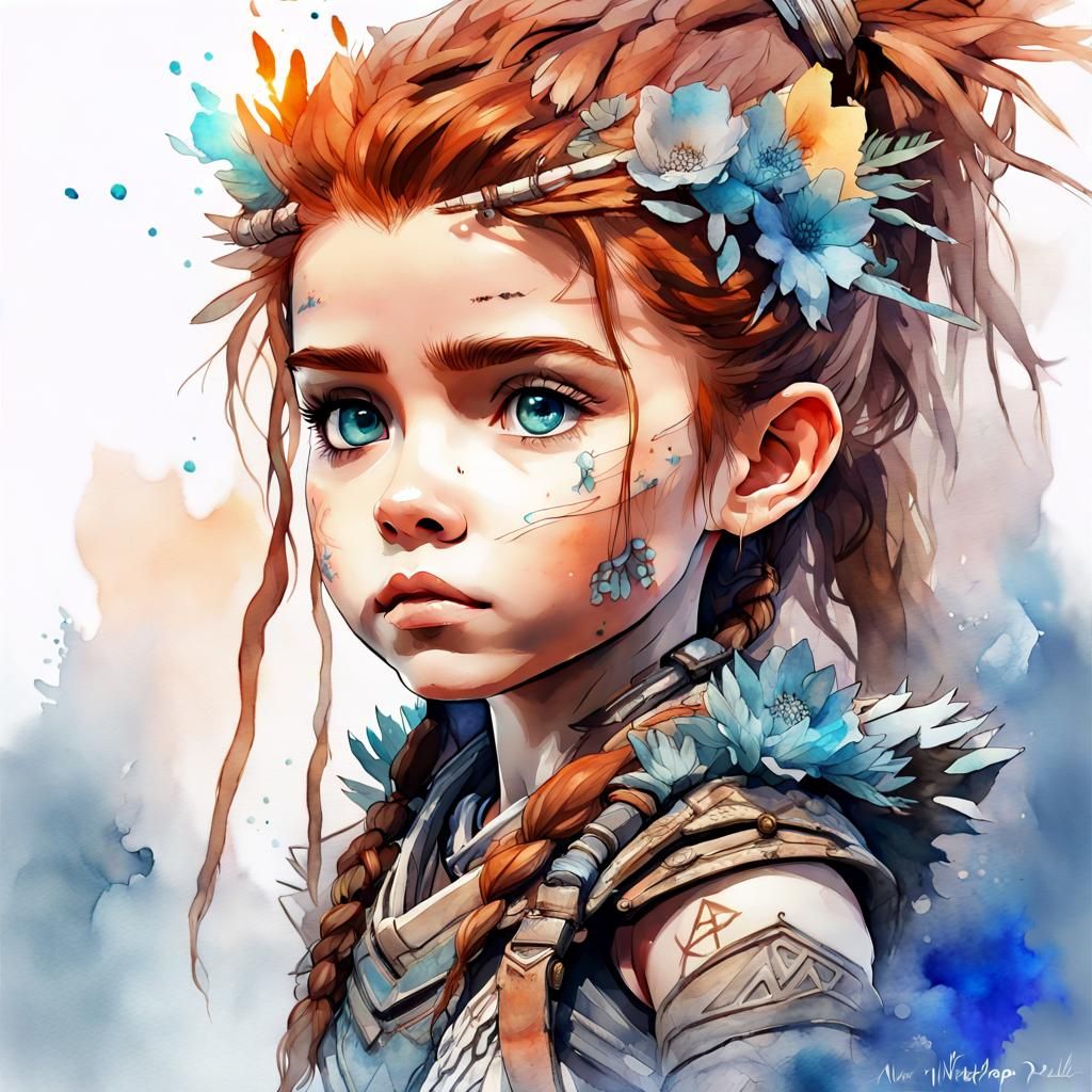 Chibi Aloy Watercolor Sunset Fantasy Art