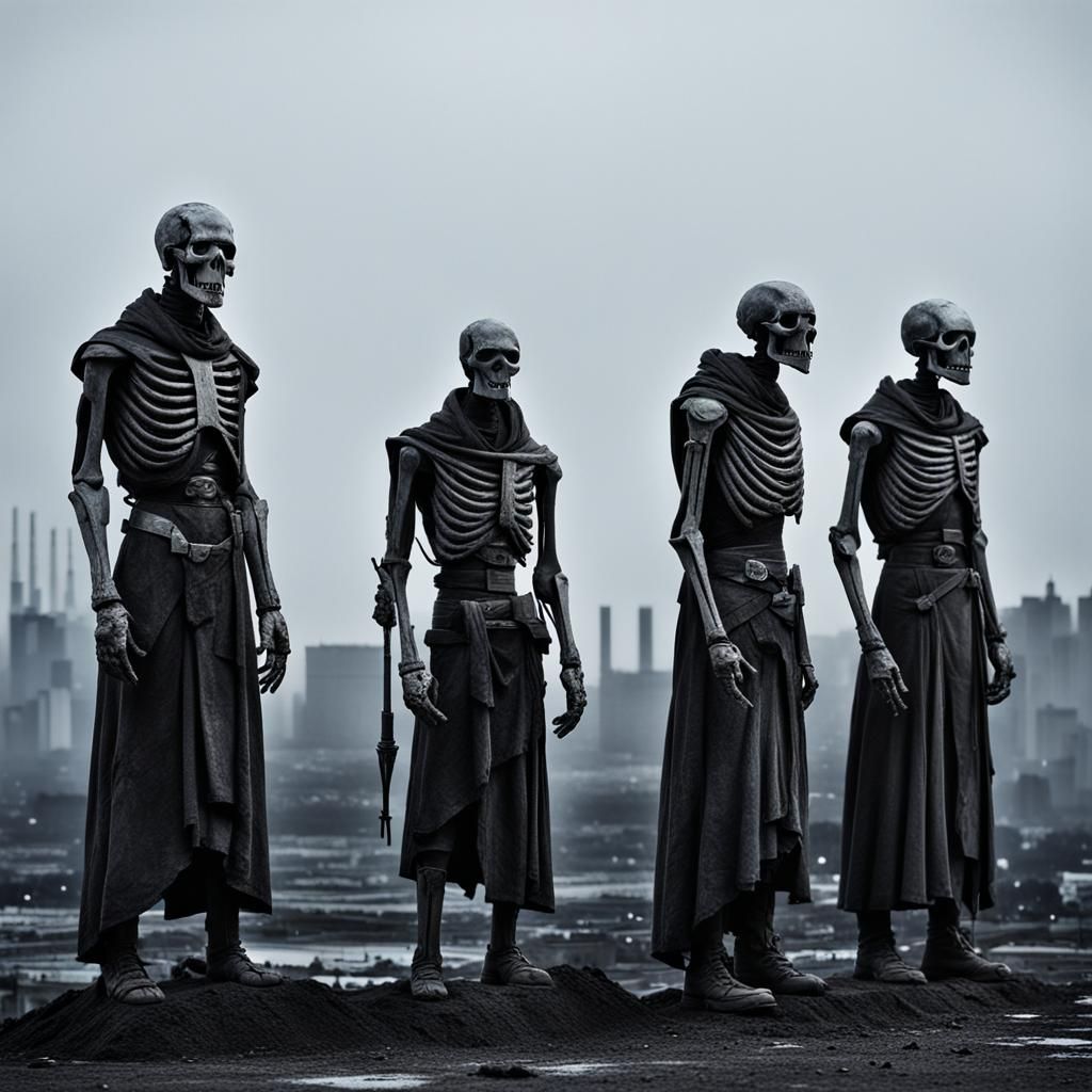 Minimalist Figures in Post-Apocalyptic Dawn