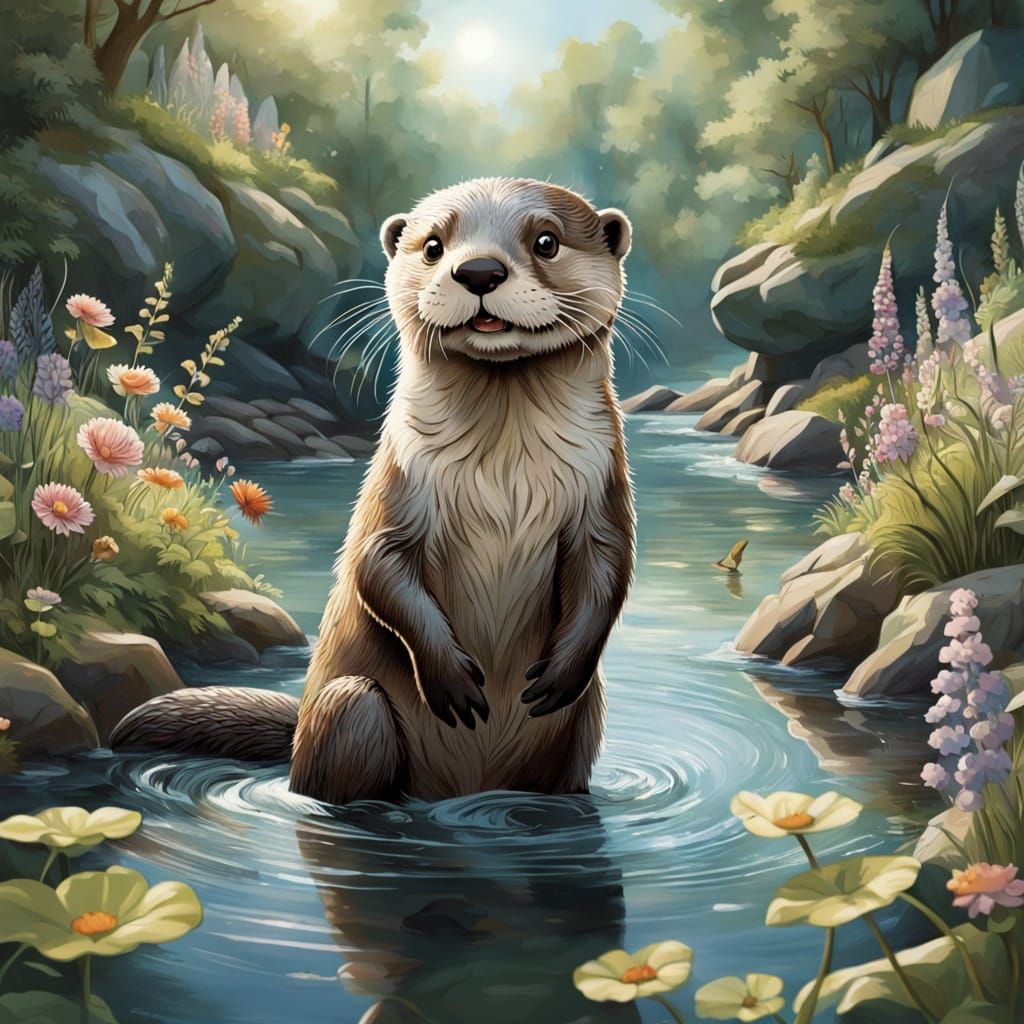 Whimsical Otter in Enchanted River Scene