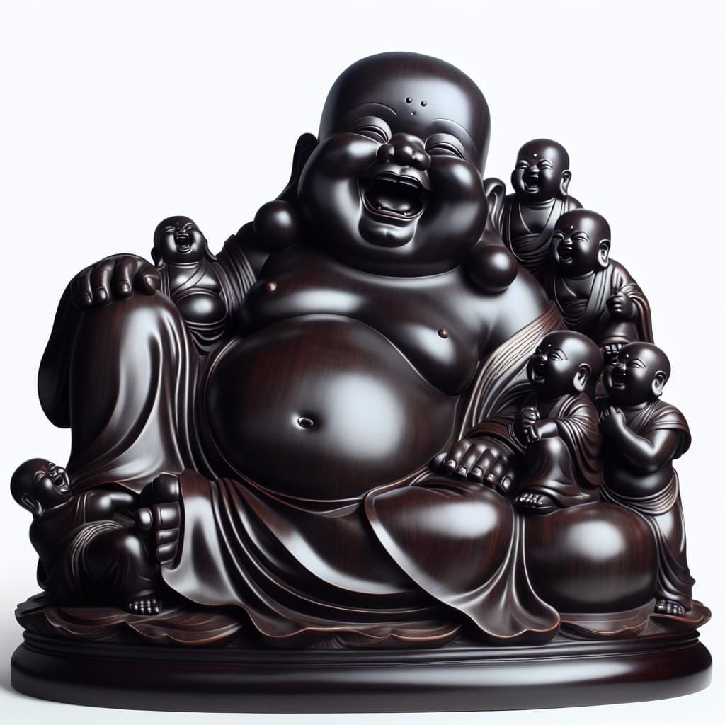 Ebony Laughing Buddha Statue Surrounded by Children