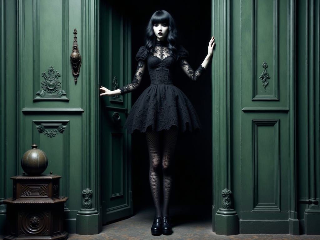 Gothic Woman in Victorian Mansion Doorway