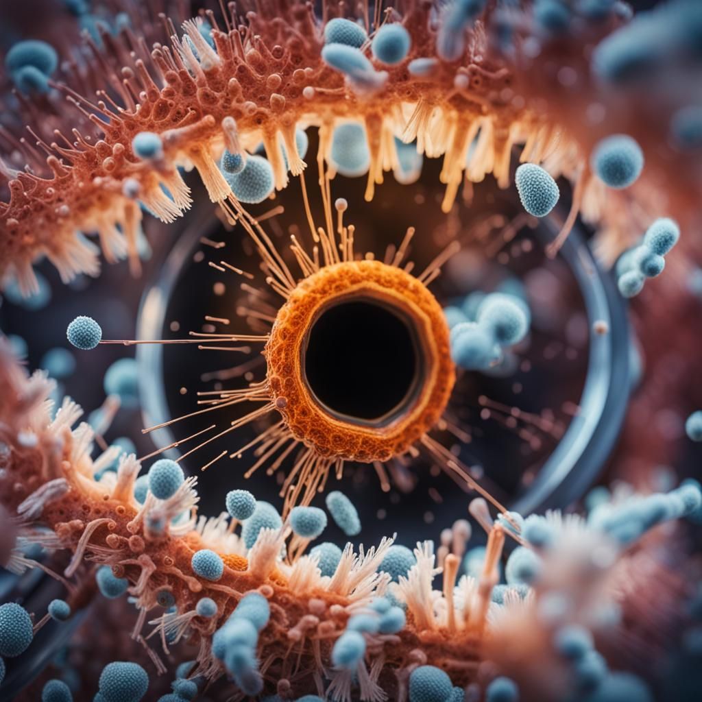 Detailed Microscopic View of a Virus in Mixed Media