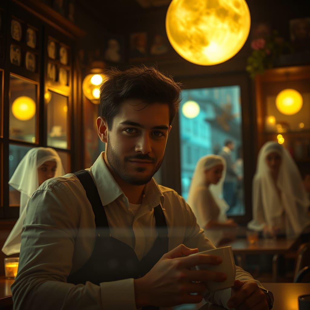 Eerie Moonlit Cafe with Ghostly Baristas and Happy Patron