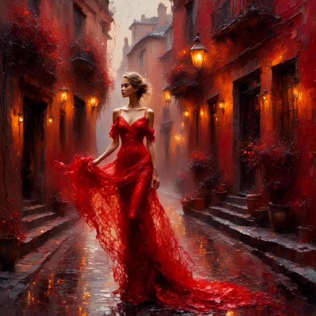 Woman in Red Dress: Oil Painting Portrait