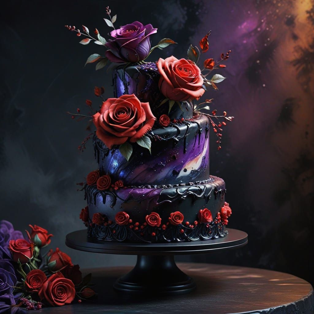Nebula Wedding Cake with Roses in Hyperrealistic Style