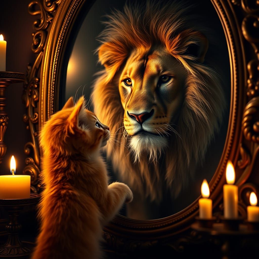 Mystical Encounter Between Curious Kitten and Regal Lion in ...