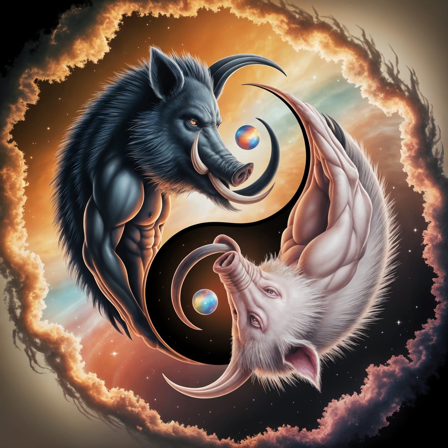 Yin and Yang Boar Men in Cosmic Illustration Style